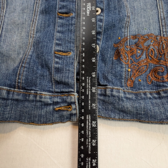 Funky Cool Original Repurposed Blue Jean Jacket With Bling Cross on Back 2X - Picture 3 of 9